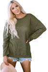 Green Waffle Knit High Slits Oversized Top-Tops-MomFashion