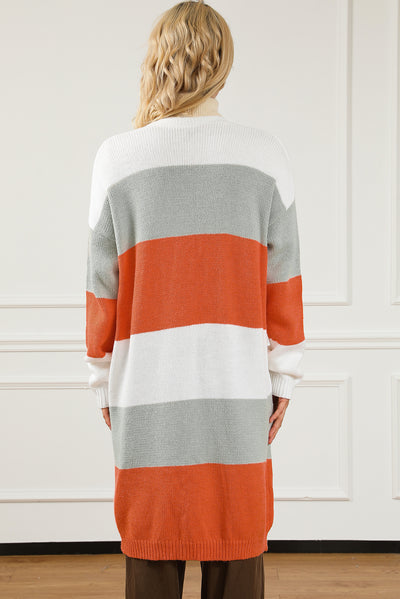 Orange Striped Color Block Drop Shoulder Midi Cardigan-Tops-MomFashion