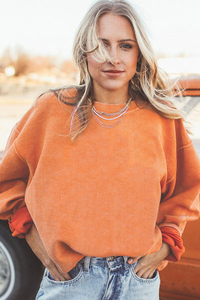 Orange Ribbed Corded Oversized Sweatshirt-Tops-MomFashion