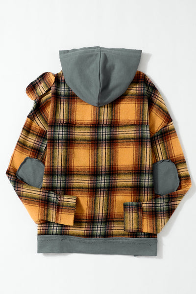 Orange Plaid Patch Hooded Frayed Snap Button Jacket-Outerwear-MomFashion