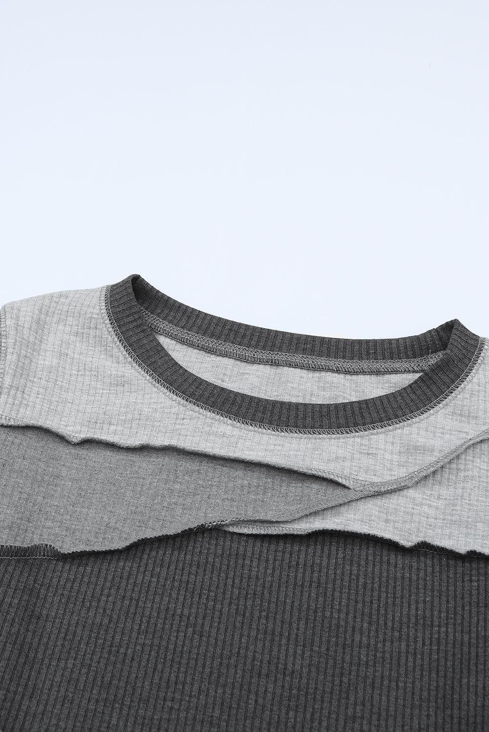Gray Expose Seam Color Block Ribbed Knit Top-Tops-MomFashion