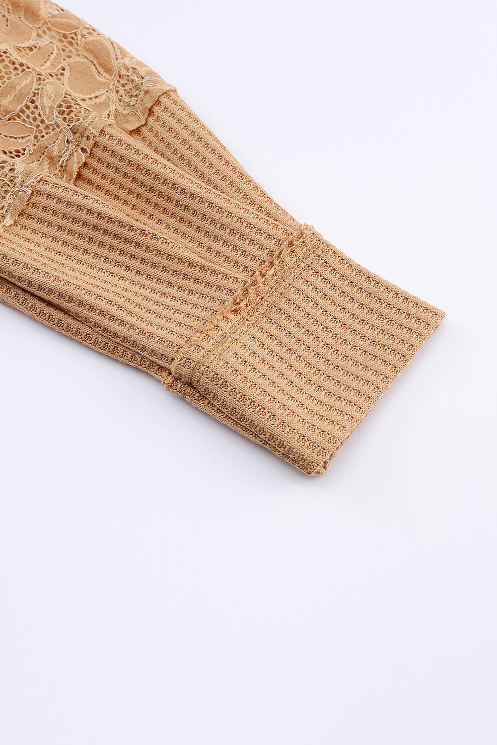 Apricot Lace Waffle Patchwork Strappy V Neck Long Sleeve Top-Tops-MomFashion