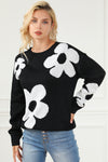 Black Big Flower Pattern Knit Sweater-Tops-MomFashion