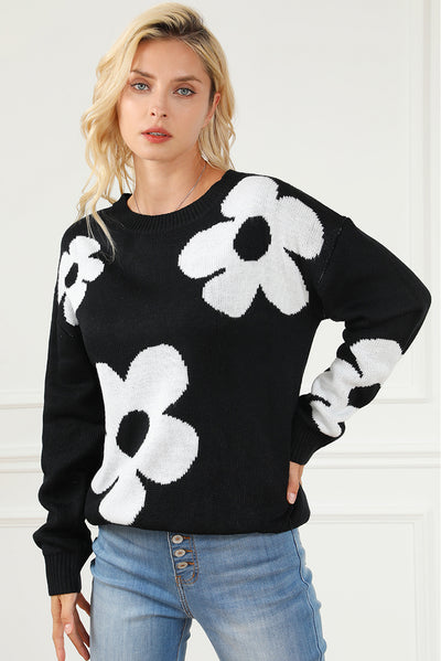 Black Big Flower Pattern Knit Sweater-Tops-MomFashion