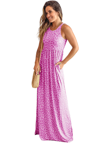 Rose Leopard Print Pocketed Sleeveless Maxi Dress-Dresses-MomFashion