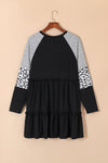 Black Plus Size Striped Leopard Patch Sleeve Ruffle Tiered Dress-Plus Size-MomFashion