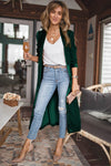 Green Velvet Open Front Pocketed Long Duster-Tops-MomFashion