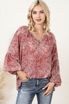 Fiery Red Pleated Lantern Sleeve Abstract Print Blouse-Tops-MomFashion