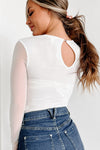 White Mesh Splicing Back Cutout Long Sleeve Bodysuit-Tops-MomFashion