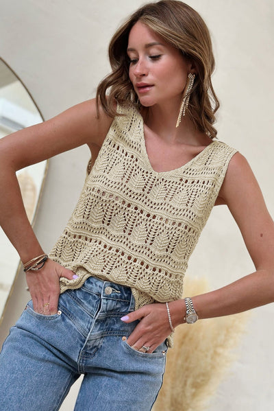 Apricot V Neck Textured Hollow-out Sweater Vest-Tops-MomFashion