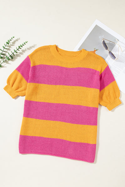 Orange Stripe Color Block Knitted T-shirt Sweater-Tops-MomFashion