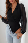 Black Solid Color V Neck Wrap Mesh Sleeves Bodysuit-Tops-MomFashion