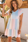 Multicolor Striped Color Block Tiered Mini Dress-Dresses-MomFashion