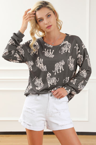 Lively Tiger Print Casual Sweatshirt-Tops-MomFashion