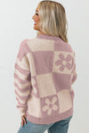 Orchid Petal Checkered Floral Print Striped Sleeve Sweater-Tops-MomFashion