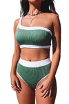 Green One Shoulder Patchwork High-waisted Bikini Set-Swimwear-MomFashion