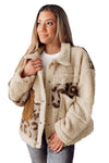 Beige Leopard Patchwork Snap Buttons Sherpa Jacket-Outerwear-MomFashion