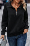 Black Solid Half Zipper Quilted Pullover Sweatshirt-Tops-MomFashion