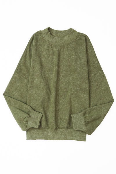 Green Drop Shoulder Crew Neck Pullover Sweatshirt-Tops-MomFashion