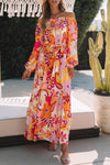 Multicolour Boho Floral Smocked Off Shoulder Puff Sleeve Maxi Dress-Dresses-MomFashion