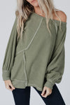 Green Exposed Seam Patchwork Dolman Sleeve Top-Tops-MomFashion