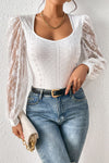 White Frenchy Contrast Lace Bishop Sleeve Bodysuit-Tops-MomFashion