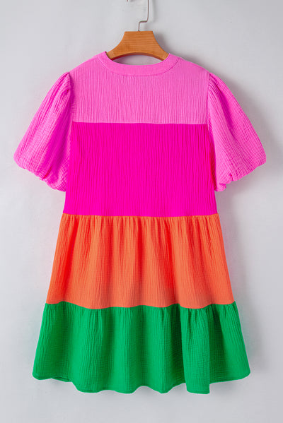 Multicolor Color Block Tiered Puff Sleeve Dress-Dresses-MomFashion