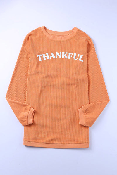 Orange THANKFUL Letter Graphic Corded Sweatshirt-Graphic-MomFashion