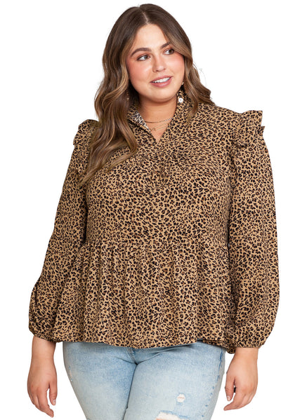 Leopard Frilled Shoulder Decor Plus Size Babydoll Top-Plus Size-MomFashion