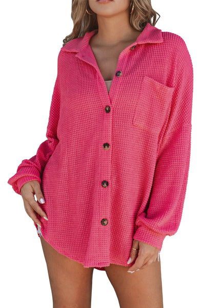 Pink Waffle Knit Button Up Casual Shirt-Tops-MomFashion