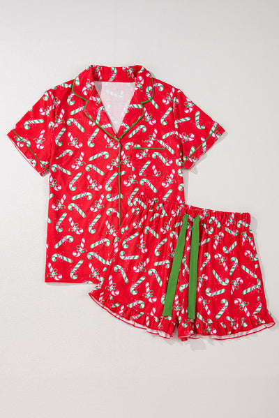 Red Christmas Candy Cane Print Pocketed Knotted Pajama Set-Loungewear & Sleepwear/Sleepwear-MomFashion