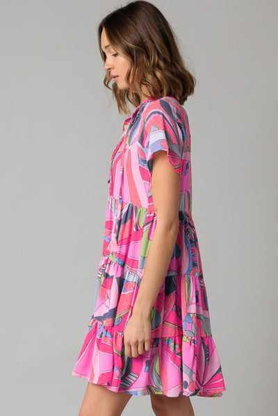 Pink Abstract Geometric Print Tassel Tie Flared Dress-Dresses-MomFashion