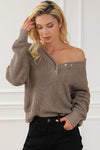 Khaki Pointelle Knit Button V Neck Drop Shoulder Sweater-Tops-MomFashion