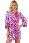 Purple Floral Keyhole Back Long Sleeve Belted Dress-Dresses-MomFashion