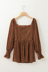 Chestnut Smocked Ribbed Velvet Babydoll Top-Tops-MomFashion