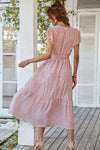 Pink Leopard Surplice Ruffled Sleeve Tiered Long Dress-Dresses-MomFashion