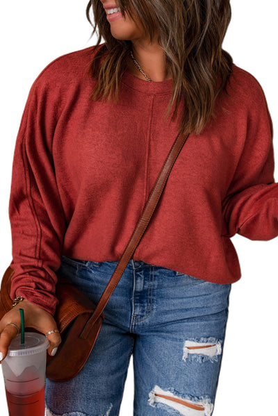 Red Dahlia Piping Detail Plus Size Long Sleeve Top-Plus Size-MomFashion