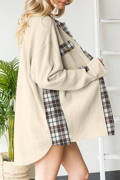 Apricot Plaid Patchwork Waffle Thermal Knit Shacket-Outerwear-MomFashion