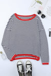 Contrast Trimmed Striped Drop Shoulder Sweater-Tops-MomFashion