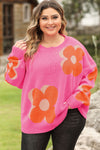 Bonbon Plus Size Flower Pattern Drop Shoulder Sweater-Plus Size-MomFashion