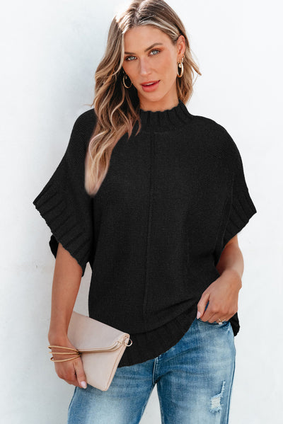 Black Mock Neck Batwing Short Sleeve Knit Sweater-Tops-MomFashion