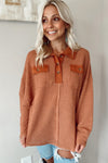 Brown Waffle Knit Button Contrast Trim Long Sleeve Top-Tops-MomFashion