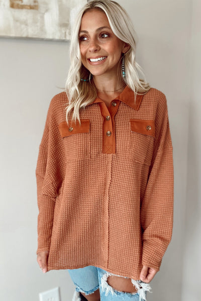 Brown Waffle Knit Button Contrast Trim Long Sleeve Top-Tops-MomFashion