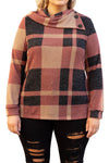 Mineral Red Plus Size Plaid Print Button Decor Asymmetric Neck Top-Plus Size-MomFashion