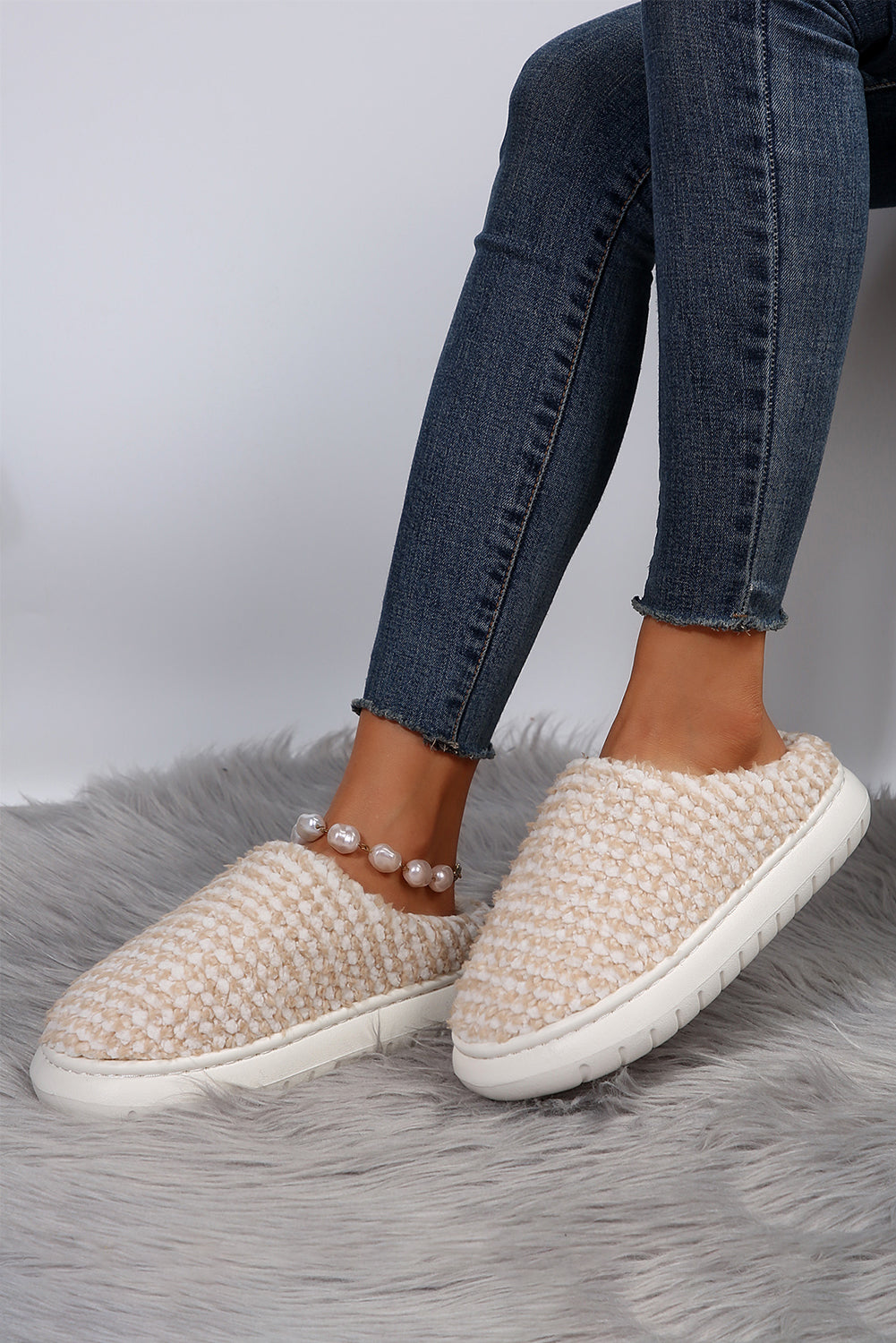 Pale Khaki Two-tone Knitted Warm Homewear Slippers-Shoes & Bags-MomFashion
