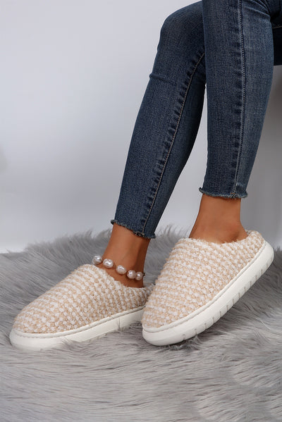 Pale Khaki Two-tone Knitted Warm Homewear Slippers-Shoes & Bags-MomFashion