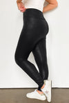 Black Crossed Dip Waist Sleek Leather Leggings-Bottoms-MomFashion