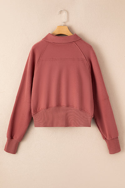 Brown Zip Up Stand Collar Ribbed Thumbhole Sleeve Sweatshirt-Tops-MomFashion