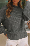 Gray Mock Neck Lantern Sleeve Cable Knit Sweater-Tops-MomFashion