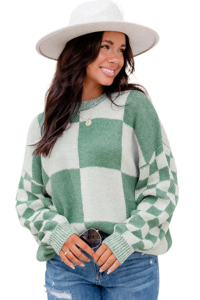 Mint Green Checkered Print Drop Shoulder Sweater-Tops-MomFashion